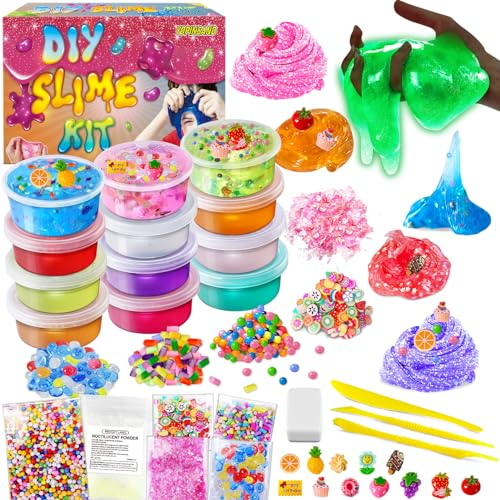 YOPINSAND 12 Cups DIY Slime Kit, Slime Making Kit for Girls 10-12, Glow in The Dark, Crystal Clear Slime with Add-ins, Foam Balls, Charms, Party Favors Gift Toys for Kids