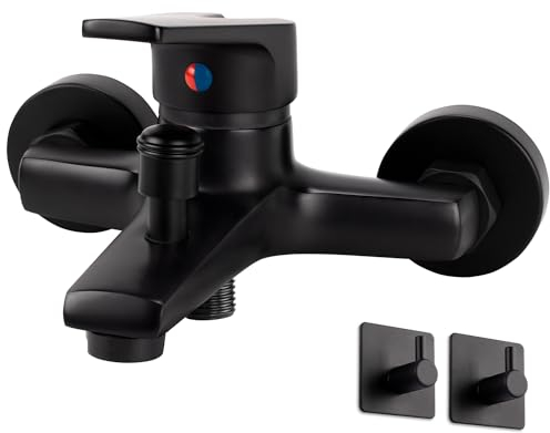 Grifo de Bañera Monomando de bañera Grifo de Ducha Grifo para Bañera y Ducha Grifo Ducha Montaje En Pared y Montaje Mezclador De Bañera De Superficie Grifo Bañera (Negro+Ganchos)-No Ducha de Mano