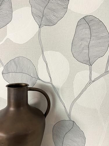 NEWROOM carta da parati Grigio Foglia Tessuto non Tessuto - Floreale Neri Bianchi Pianta Romantico