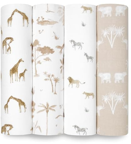 aden + anais Boutique Bio-Puckdecke, 4er-Pack, 100 % Bio-Baumwoll-Musselin, groß, weich, atmungsaktiv, Empfangsdecken für Säuglinge, leicht, vielseitig verwendbar, Safari Dreams