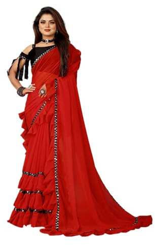 BE4ME.COM Indian Saree Sari Frill Ruffle Border Bollywood Party Wear Frill Designer Border Sari (Red)
