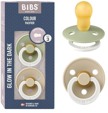 BIBS Colour Night Glow in the Dark Soother 2-Pack, BPA Free Dummy Pacifier, Round Nipple. Natural Rubber Latex, Made in Denmark, Size 3 (18+ Months), Sage Glow/Vanilla Glow
