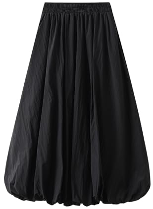 FeMereina Y2K Bubble Maxirock, langer Ballonrock, elegant, hoher Taillenbund, Plissee-Puff, A-Linie, lässig, Rüschensaum, fließend, Schwarz , Einheitsgröße