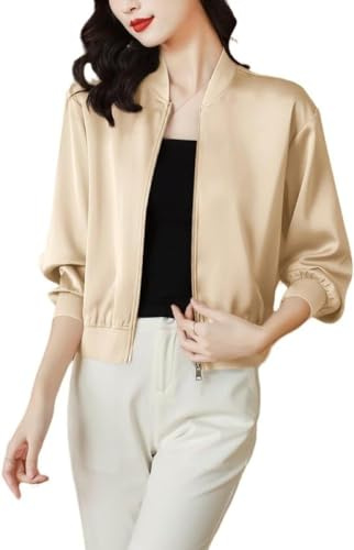 Giacca Corta da Donna in Raso Elegante Moda Casual Giacca da Lavoro Leggera Giacca da Baseball Casual con Cerniera Minimalista (Oro,XL)
