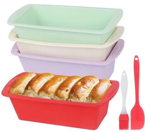 4Pack Loaf Tins,19 x 9.5 x 5.5cm Silicone Moulds Small Bread Tins for Baking Non-Stick Baking Trays Air Fryer Cake Tin, Bread Making Accessories with Oil Brush and Scraper