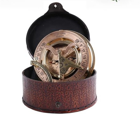 Brass Sundial Compass in Leather Case – Unique Nautical Gifts for Men, Antique Sailing Anniversary Gadget, Maritime Pocket Watch Clock, Nautical Decor for Him