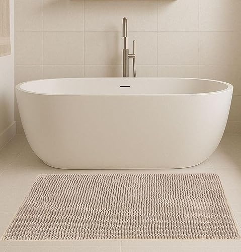 Generico Tappeto da Bagno in Microfibra di Ciniglia Antiscivolo con Fondo Gommato – Ultra Assorbente, Frange Morbide, Lavabile in Lavatrice – Comfort e Sicurezza per il Tuo Bagno (Beige, 50x80)