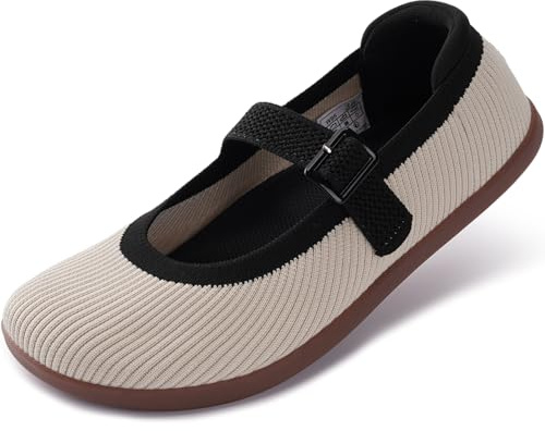 WHITIN Womens Barefoot Mary Jane Shoes Wide Toe Box Ballet Flats Sneakers Zero Drop Sole Minimalist Size 9 Knit Width Fit Mesh Comfortable Dress Ballerina Walking Beige 40
