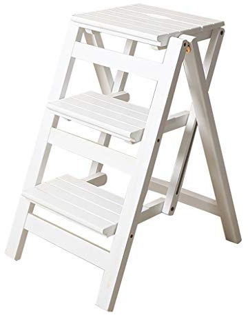 Silla de escalera de madera plegable de 3 escalones, taburete de cocina plegable multifuncional, diseño blanco que ahorra espacio para un fácil almacenamiento y uso doméstico