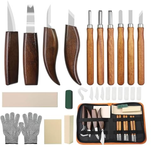 Kit Intaglio Legno 17 Pezzi, Set di Attrezzi per Lavorare il Legno, Coltelli per Intaglio Fai da Te per Principianti e Appassionati di Bricolage Adulti