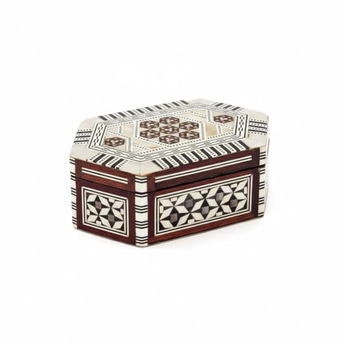 Genérico Cajita Ovalada de Nácar Blanco con Taracea Egipcia, Joyero Artesanal con Interior de Terciopelo Rojo, 5 x 13 x 9 cm