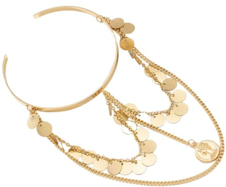 TOPPERFUN Pulsera de Brazo para Mujer de Metal Dorado, Brazalete Abierto Cadena Étnica, Pulsera de Puño Ajustable Detalles de Lentejuelas y Flecos, Accesorio de Joyería para Ocasiones