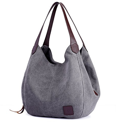 DOURR Women's Multi-pocket Shoulder Bag Fashion Cotton Canvas Handbag Tote Purse (Gray - Medium Size)