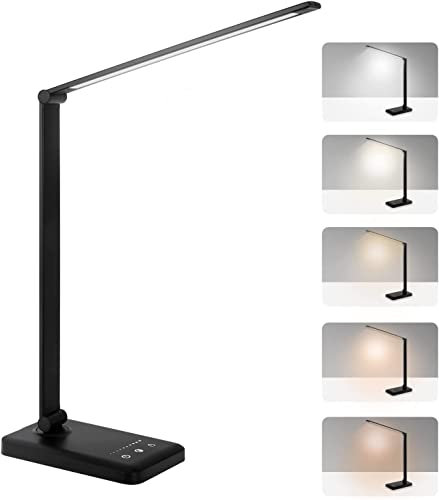 Nestling LED Desk lamp, Eye-Caring Table Lamp, Dimmable Office Lamp with USB Charging Port, 5 Lighting Modes,5 Brightness Levels, Touch Control, 30/60 min Auto Timer, for Home,Office,Bedroom,Study