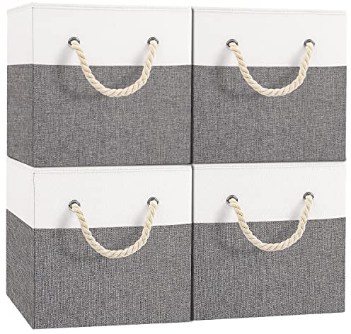 Yawinhe 4 Stück Aufbewahrungsbox Stoff, Faltbare Aufbewahrungskorb, Aufbewahrungswürfel aus Stoff, mit Griff Stoffkisten Aufbewahrung, für Kleideraufbewahrung, Weiß/Grau, 33x33x33cm
