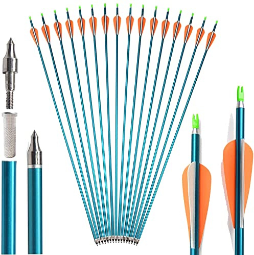 SHARROW 12 Flechas de Aluminio de 32 Pulgadas Espina 500, Punta Enroscable de 100 Granos, Aletas de Plástico, Compatibles con Arco Recurvo (Azul)
