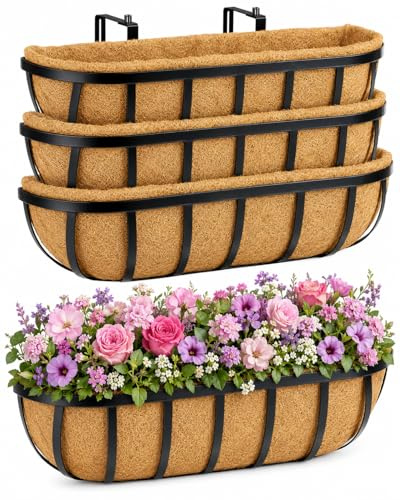 HFHOME Set of 4 Wall Trough Planter, 60.9cm/24in Outdoor Metal Window Box with Coco Liner, Rust-Resistant Floating Planters for Fence Railing & Balcony