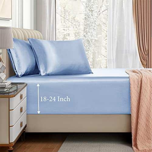 VACVELT Extra Deep Pocket Satin Fitted Sheet, Full Bed Size, Baby Blue, Silky Bedding Set & 2 Pillowcases
