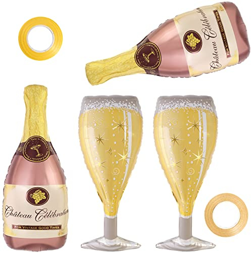 Champagne Wine Bottle Balloons, 4 Pcs Champagne Glass Foil Balloons, Large Wine Mylar Balloons for Engagement Bridal Shower Wedding Bachelorette Birthday Party Decoration
