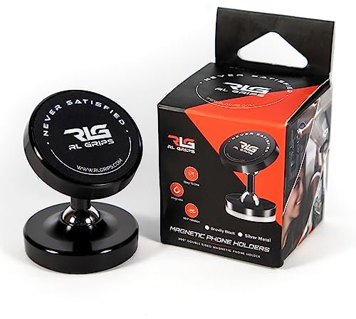 RL Grips® Soporte Magnético para Gym con Doble Imán - Imán para Móvil con Rotación 360º con 2 Pegatinas Metálicas - Soporte de Teléfono para Coche, Máquinas de Gimnasio, Superficies Metálicas (Negro)