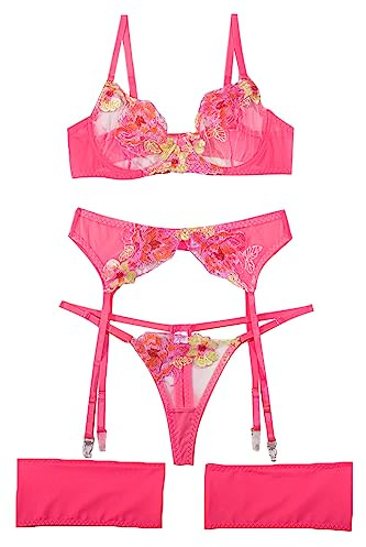 Conjunto de lencería Aranmei para mujer, conjunto de 4 piezas con encaje bordado floral, sujetador con aros transparentes y tanga, bandas para muslos con liguero, Rosa fluorescente., XS