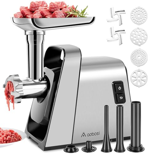 Picadora De Carne AOBOSI 4-EN-1 Picadora De Carne Eléctrica Con 4 Placas De Corte De Acero Inoxidable, 1 Kubbe Y 3 Tubos Para Rellenar Salchichas, Motor [3000w Max], Con 2 Cuchillas.