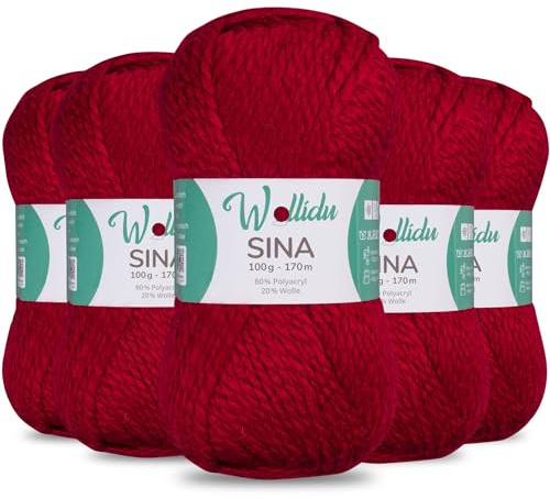 Wollidu Sina Wolle zum Stricken und Häkeln 500g Premium Strickwolle/Häkelwolle Set OEKO-TEX zertifiziert 5 x 100g/170m 80% Polyacryl 20% Schafwolle mulesing-frei - Dunkelrot