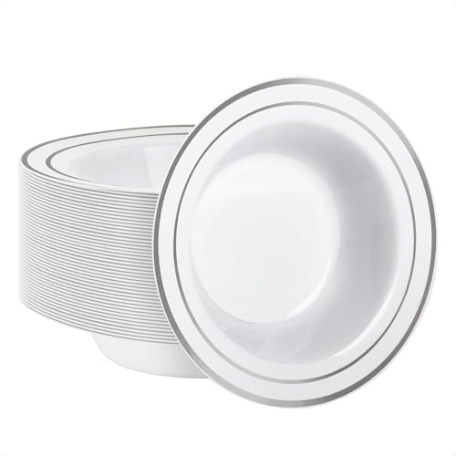Goodluck 50 Pack Plastic Bowls with Silver Rim, 12oz Disposable Soup Bowls for Weddings, Parties, Dinners, Catering, and Everyday Use