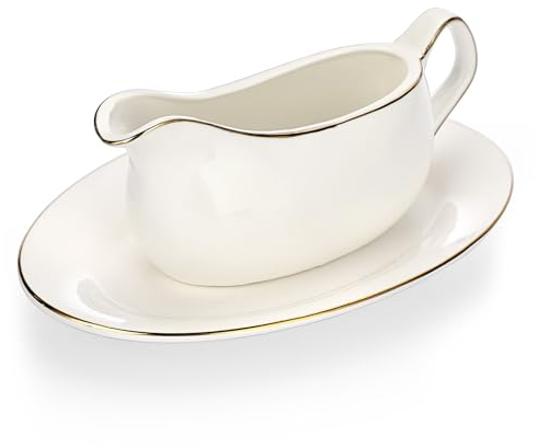 TOLIDA Sauciere aus Kremik mit Tablett, Servierschale mit Griff, Spender für Gourmet-Sauciere, für Milch, Schweinekoteletts Desserts,Geschenke mikrowellen- und spülmaschinenfest,Weiß,17 oz