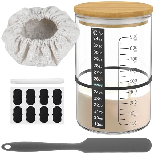 Lot de 8 pots de démarrage au levain de 900 ml avec couvercle en bois, élastique, papier thermomètre, grattoir, chapeau en tissu, étiquette et stylo Pot à levain pour la cuisson du pain au levain