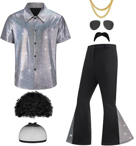 Ezuwail Costume tenue disco des années 70 pour homme, chemises à manches courtes, pantalon évasé, perruques, collier, moustache, lunettes de soleil, 6 pièces