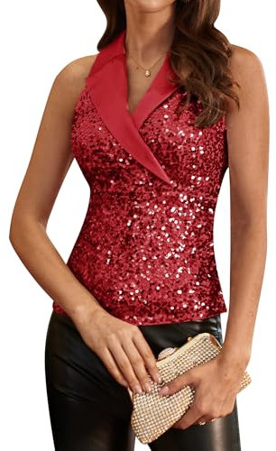 GRACE KARIN Frauen Funkelnde Glitzer-Pailletten Tank Top Party Disco Glänzendes Bluse Modisches Bequemes Oberteil Rot Pailletten XL