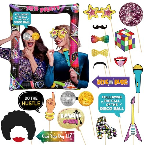 70s Inflatable Photo Booth Frame With 20 Retro Props - Giant Blow Up Party Kit for 1970s Hippie Disco Decorations