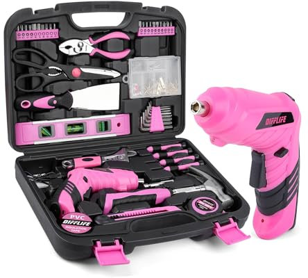 DIFFLIFE Pink Power-Screwdrivers Tool Set for Women,3.6V Power Screwdriver Cordless Rechargeable Tool Kit 143-Piece Electric Screwdriver Cordless Tool Set Pink 143PCS Tool Box