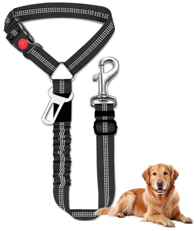 Dog Seat Belt for Cars – Adjustable Dog Car Harness with Headrest Restraint – Heavy Duty Elastic Bungee Safety Lead for Dogs & Cats (BLACK)