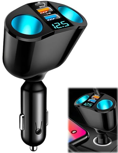 USB C Auto Ladegerät Zigarettenanzünder Verteiler Adapter 12V/24V KFZ Schnellladegerät,2 Fach Autoladegerät Steckdose 120W DC Splitter mit LED Voltmeter,Typ-C + USB Anschlüssen für Handy Tablet i Pad