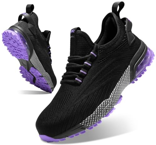 SPIEZ Safety Shoes for Women, Composite Toe Work Shoes with Air Cushioned Comfort, Lightweight Puncture Proof Safety Sneakers for Work and Daily Wear, Black Purple US 9