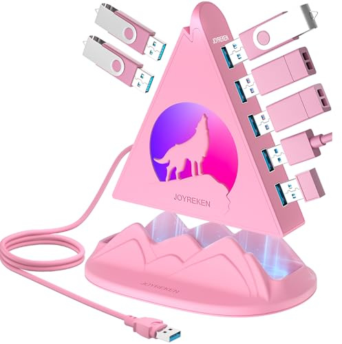 7 Port USB 3.0 Hub,Pink USB Hub with Wolf Shaped RGB Night Light, 2ft Long Cable and Pink Base,for Laptop, PC, Flash Drive, HDD, Console, Printer, Keyborad, Mouse and More(Charging Not Supported)
