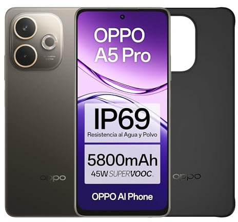 OPPO A5 Pro 4G - Smartphone Libre con IA, 8GB RAM + 256GB, Pantalla 6.67 90Hz, Cámara 50MP, Batería 5800, Carga Rápida 45W, Versión Española, Funda incluida – Marrón