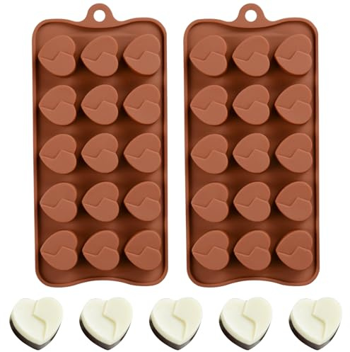 Lot de 2 moules à chocolat en silicone en forme de cœur - 15 moules par moule - 22,5 x 10,6 cm - Marron