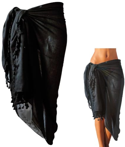 CABODYALS Wrap Jupe de Plage Femme Noir Long Semi Transparent Châle Écharpe avec Pompons Franges Sarong Paréo Robe Couverture Cover Up Sexy pour Été Vacance Maillot de Bain Bikini Swimwear Beachwear