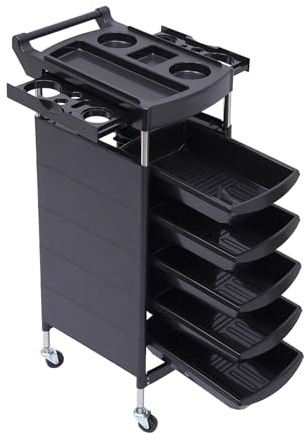 Carrello da parrucchiere con 5 cassetti e quattro ruote girevoli a 360°, 90 x 18 x 38 cm, per salone di bellezza, parrucchiere, ospedale, ecc. Nero
