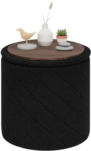 PINPLUS Puff Almacenaje Plegable con Tapa Reversible, Taburete Otomano Redondo Teddy Bouclé, Reposapiés para Salón o Dormitorio, Ø 43 x 45 cm, Negro