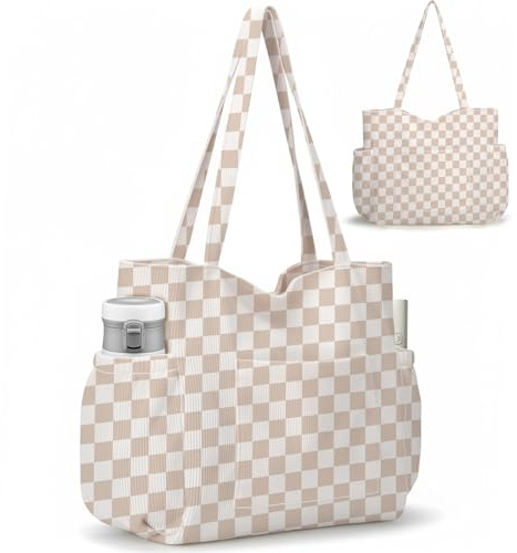 Corduroy Tote Bag for Women, Large Capacity Cute Tote Bags With 6 Pockets, Laptop Tote Bag Crossbody Shoulder Handbag Teacher Nurse Bags for Work Travel Gym(Khaki Grid)