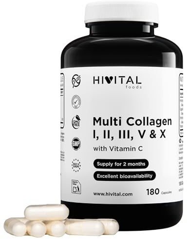 Multi Collagene Idrolizzato. 180 capsule per 2 mesi. Con Collagene di Tipo I, II, III, V e X. Con Colagene Bovino e di Pollo Idrolizzato, Membrana di Guscio d'Uovo e Vitamina C. Prodotto da HIVITAL