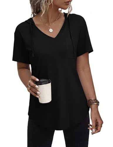 Aottori Felpa Donna con Cappuccio Manica Corta Scollo a V Maglia Elegante Larga Estive Maglietta Lunga Leggero Elasticizzato Pullover Basic Tinta Unita Nero M