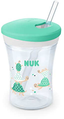 NUK Action Cup tazza per bimbi | 12+ mesi | Coperchio con chiusura ad avvitamento e cannuccia morbida | A prova di perdite | Senza BPA | 230ml | tartaruga (turchese) | 1 pezzo