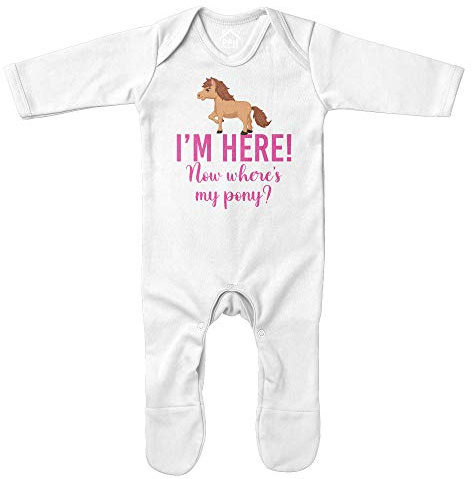 Grenouillère « Baby I'm Here Now Where's My Pony » – Cadeau d'équitation pour nouveau-né – Cheval jockey grossier, blanc, 6-12 mois