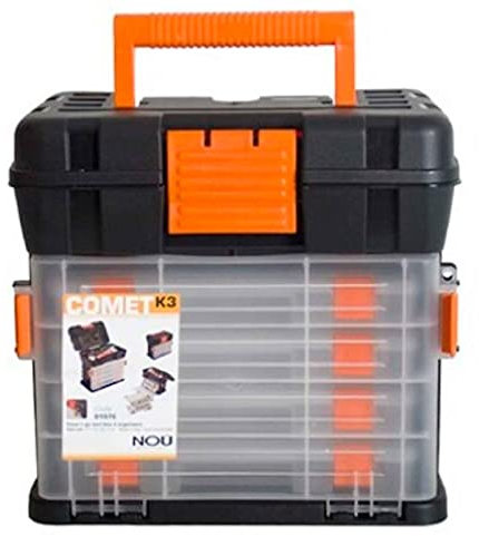 Caja de herramientas de 25,5 x 28 x 17,5 cm con varios compratimentos individuales. Arcón especial para bricolaje con distintas divisiones para guardar o almacenar utensilios, negro y naranja