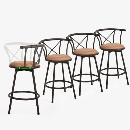 Meuble Cosy Lot de 4 Tabourets de Bar Chaises Vintage pivotant sur 360° avec Dossier et Repose-Pieds Siège de 63cm de Haut Style Industriel Marron